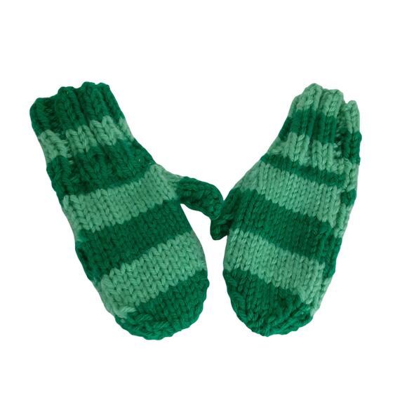 Vintage Handmade Crochet Mittens Kids M 2pc Green Stripe Winter Gloves - Picture 4 of 6